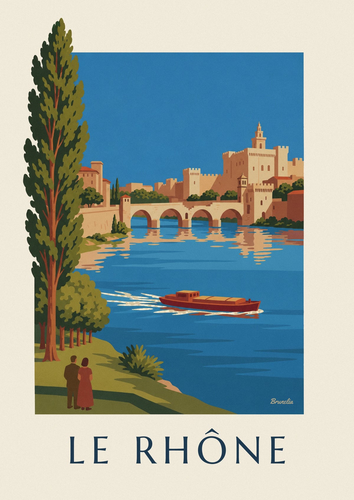 Póster barcaza en el Ródano frente al puente de Aviñón