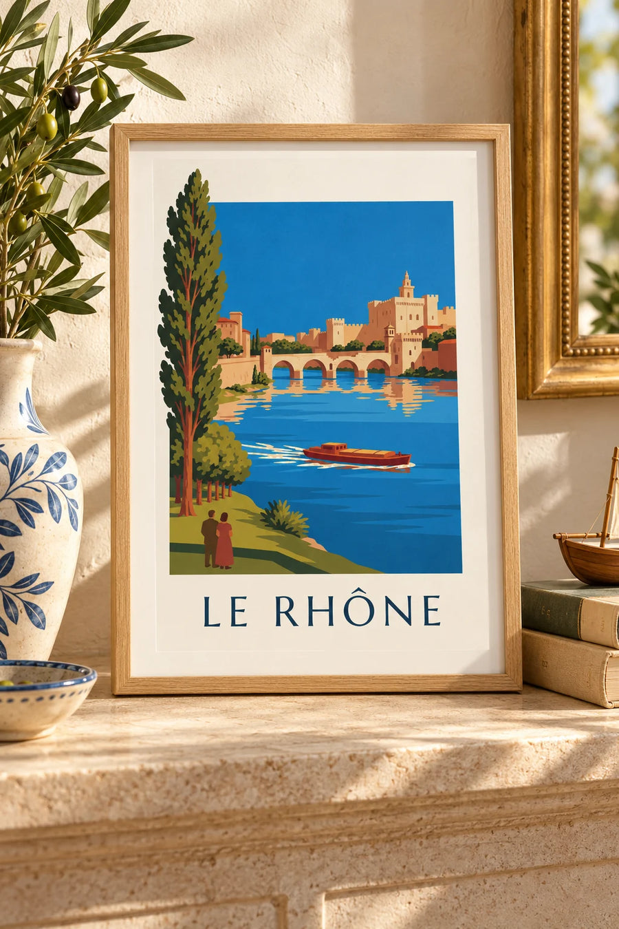 Affiche péniche sur le Rhône devant le pont d'Avignon : petit format A4 encadré