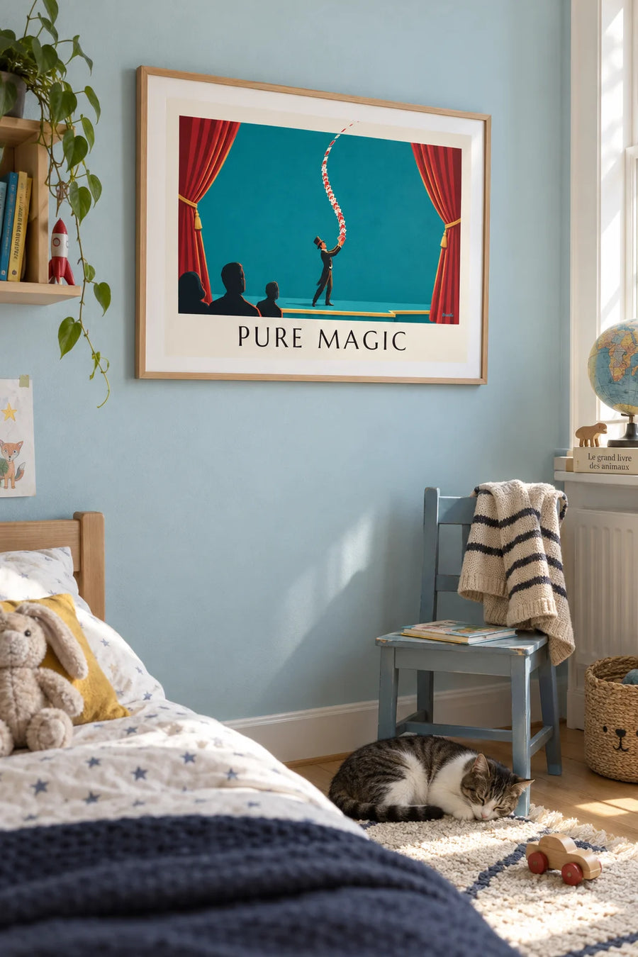 Poster of a magician in a top hat performing a card trick on stage: framed on the wall