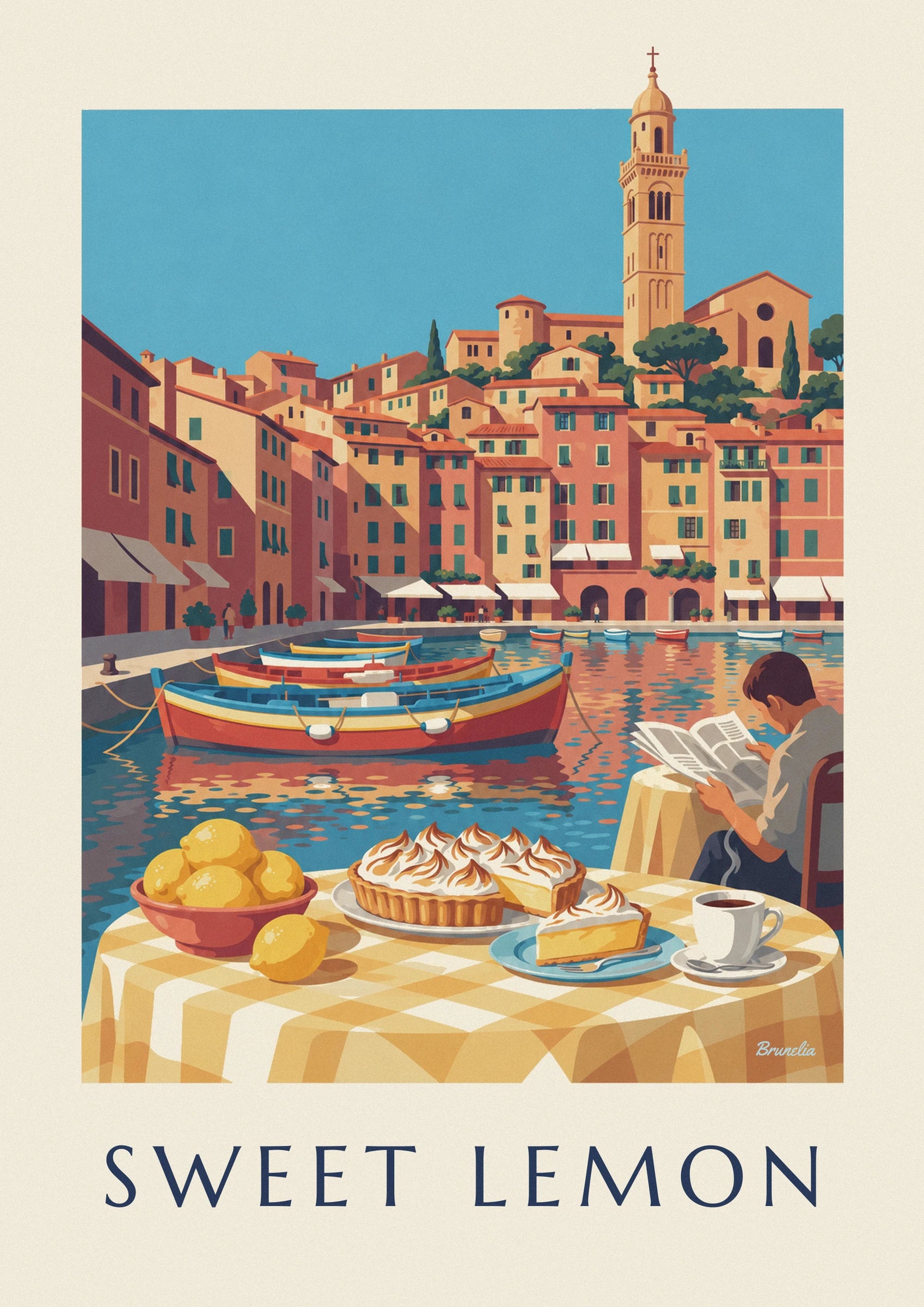 The lemon meringue tart and a served slice, on the checked tablecloth facing the harbour boats