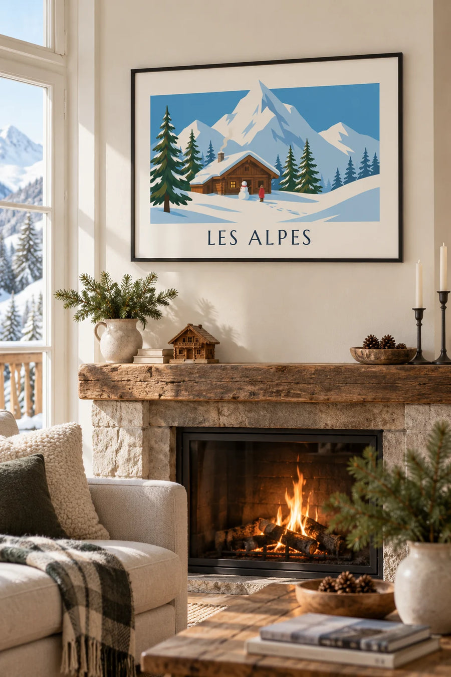 Póster de chalet nevado y muñeco de nieve en los Alpes: enmarcado en la pared