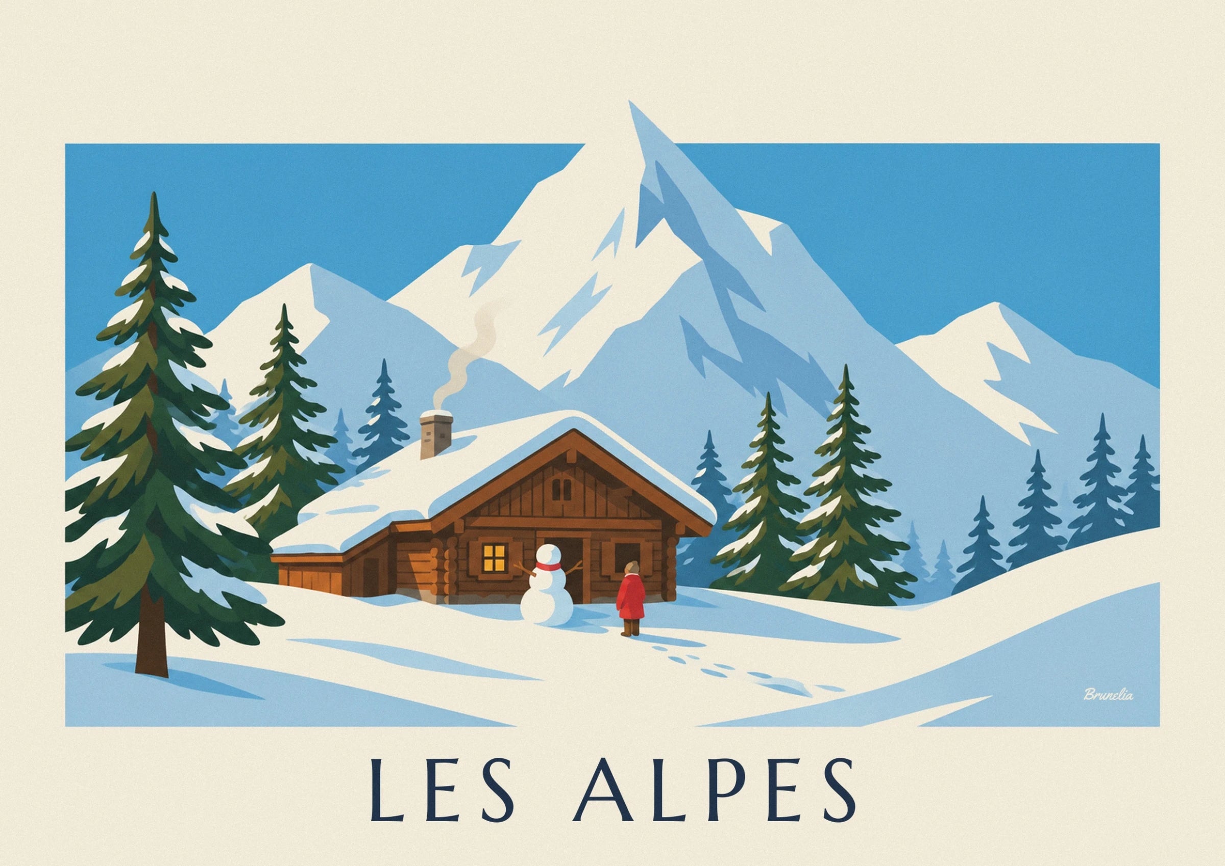 Le chalet en bois sous la neige, son bonhomme à écharpe rouge et un personnage en manteau rouge