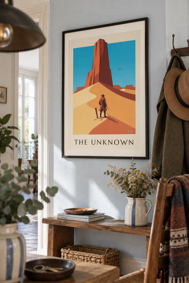 Póster de aventurero misterioso en una cresta del desierto: enmarcado en la pared