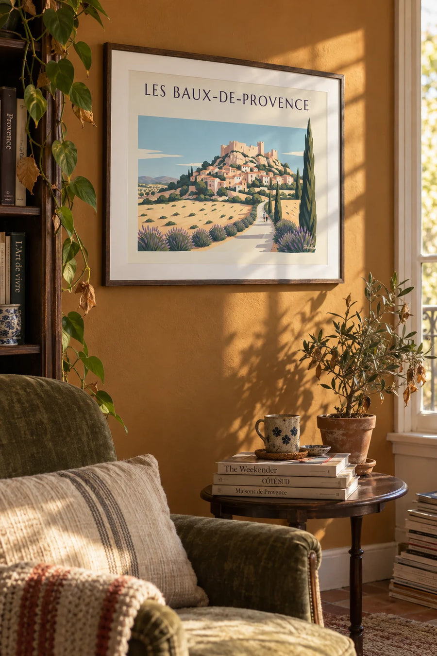 Affiche village des Baux-de-Provence, lavandes et cyprès : encadrée au mur
