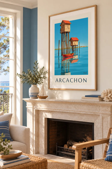 Affiche cabanes tchanquées sur pilotis dans le bassin d'Arcachon : encadrée au mur
