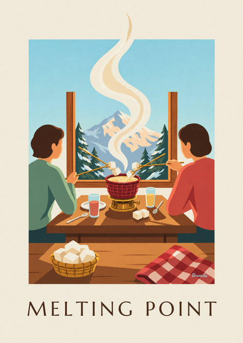 Poster of a Savoyard fondue in a chalet facing the mountain: the full poster