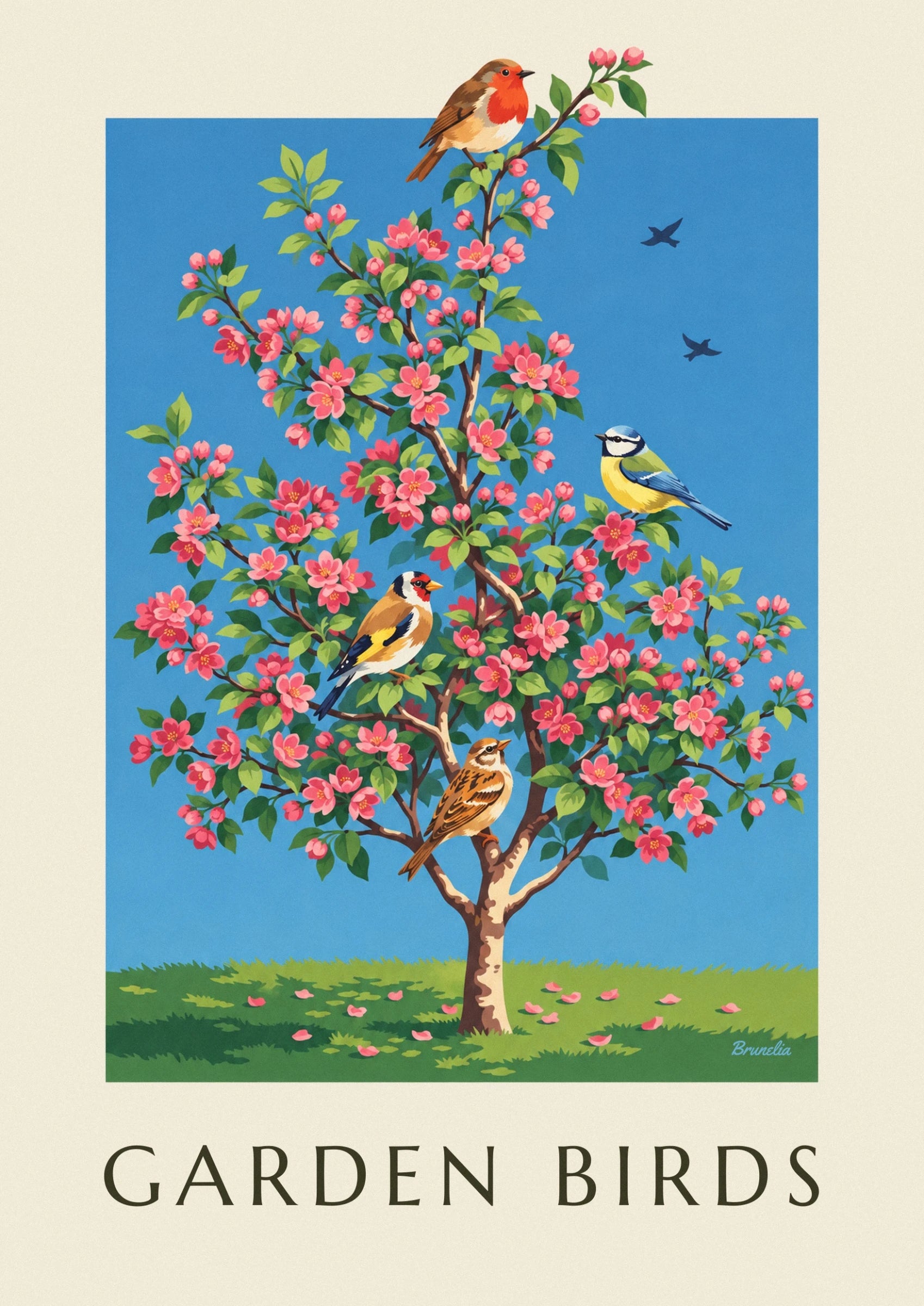 Un rouge-gorge au plumage brun et orangé sur une branche de pommier en fleurs