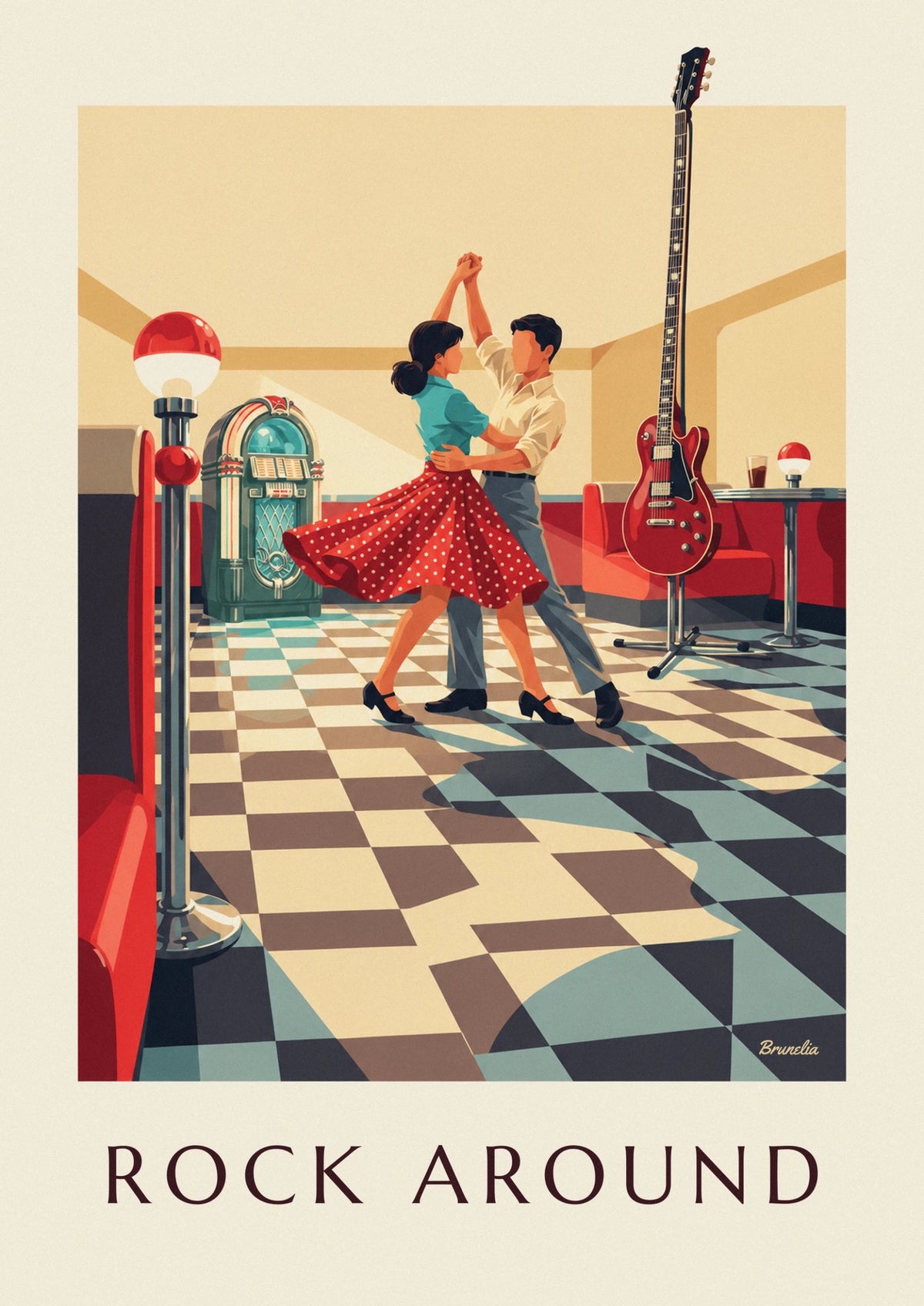Rock’n’roll dancers and jukebox poster