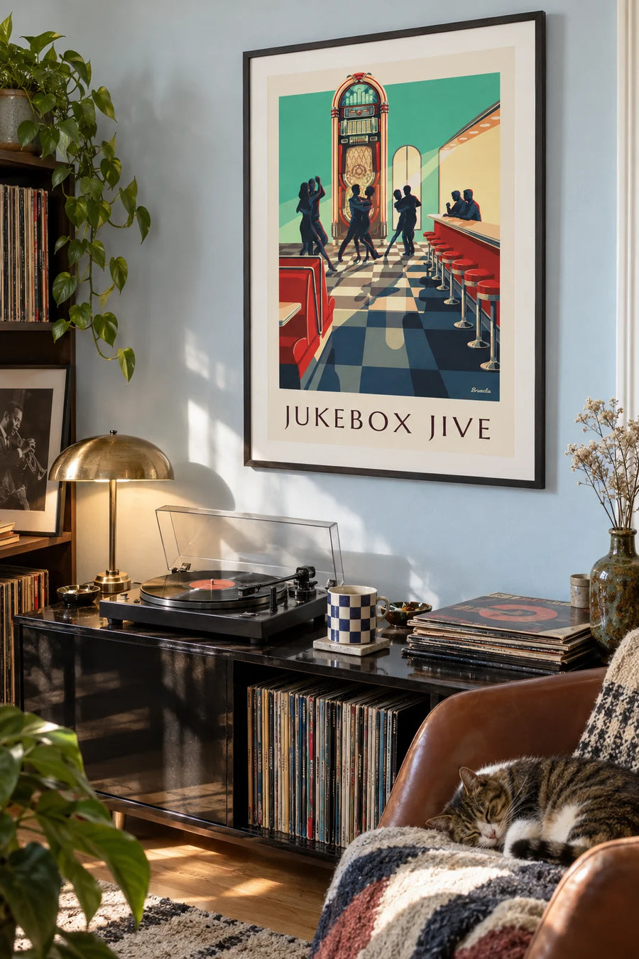Affiche jukebox et silhouettes de danseurs de rock : encadrée au mur