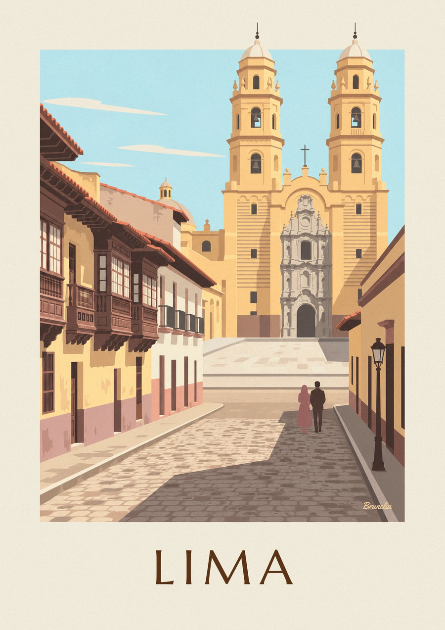 Póster calle colonial de Lima y basílica de San Francisco