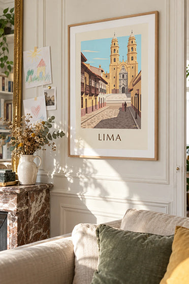 Póster de calle colonial de Lima y basílica de San Francisco: enmarcado en la pared