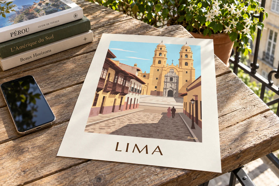 Póster de calle colonial de Lima y basílica de San Francisco: apoyado en una mesa