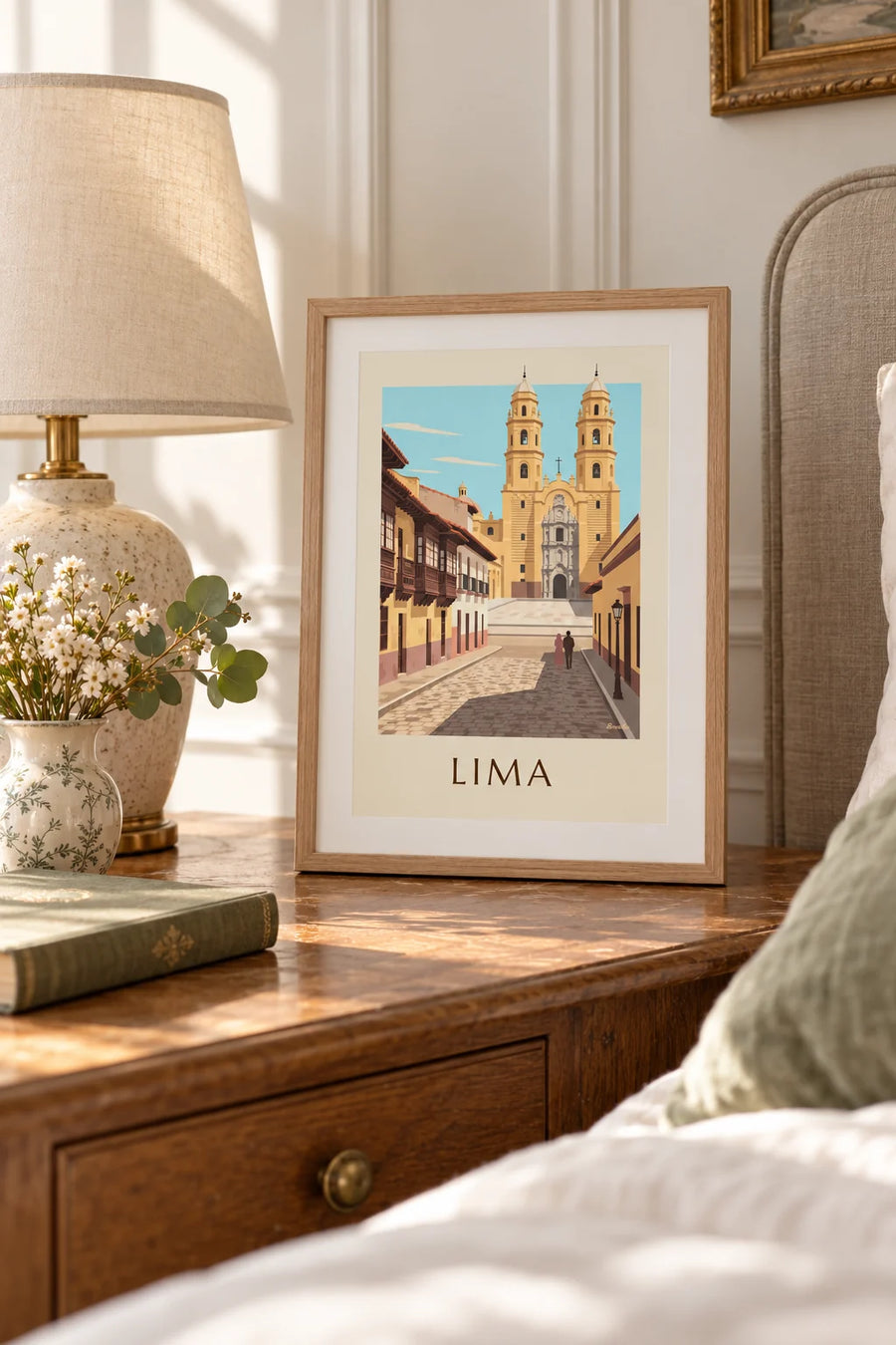 Póster calle colonial de Lima y basílica de San Francisco: formato pequeño A4 enmarcado