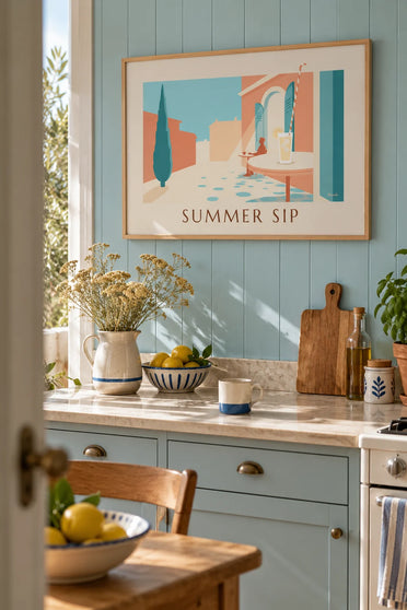 Poster of a glass of lemonade with lemon and a striped straw: framed on the wall