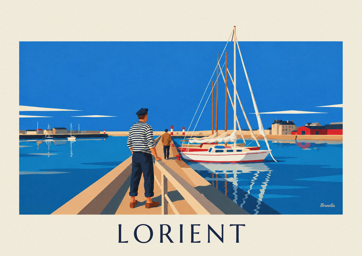 Affiche marin en marinière et voiliers au port de Lorient