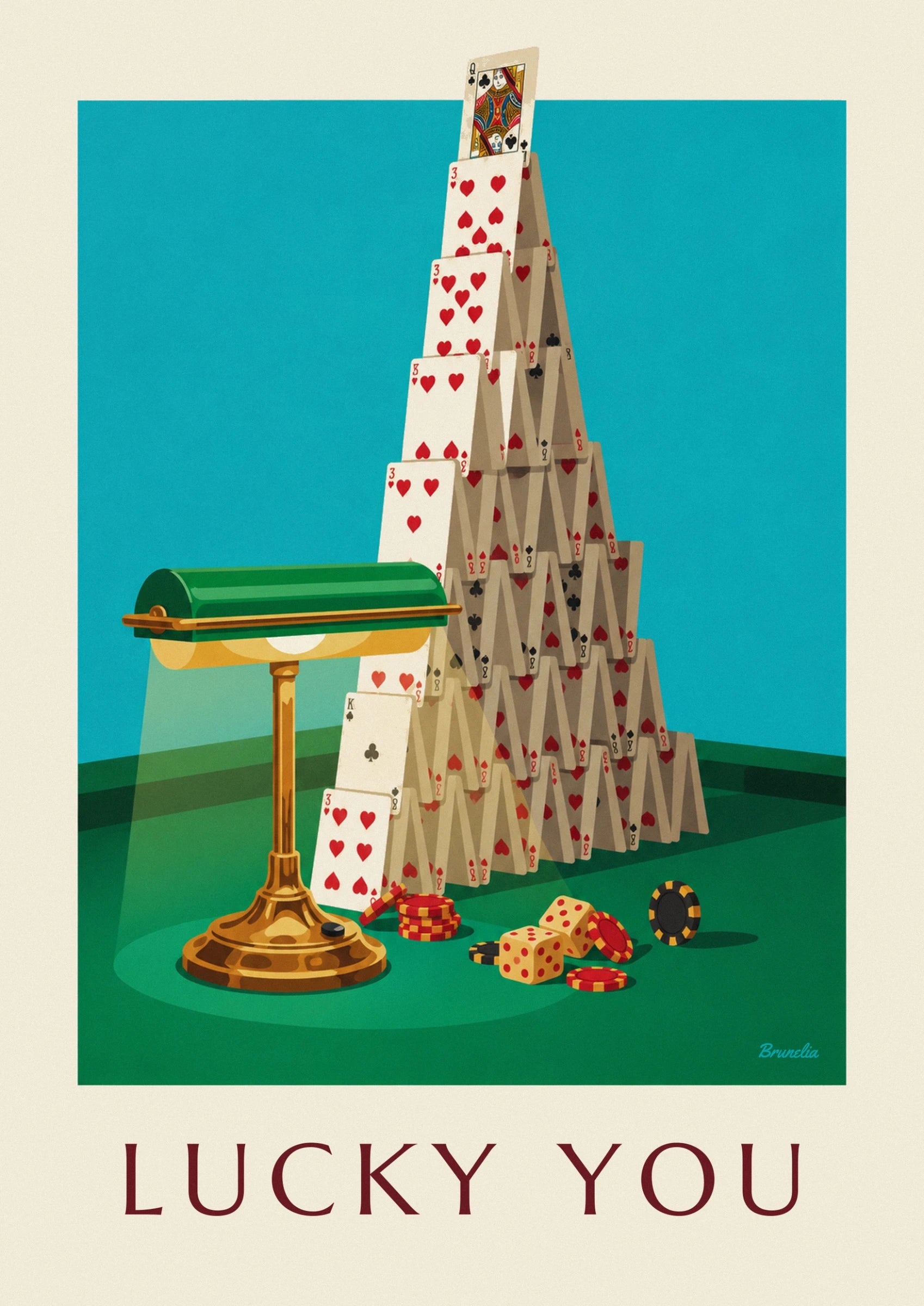 A house of cards with red hearts and black clubs against a turquoise background