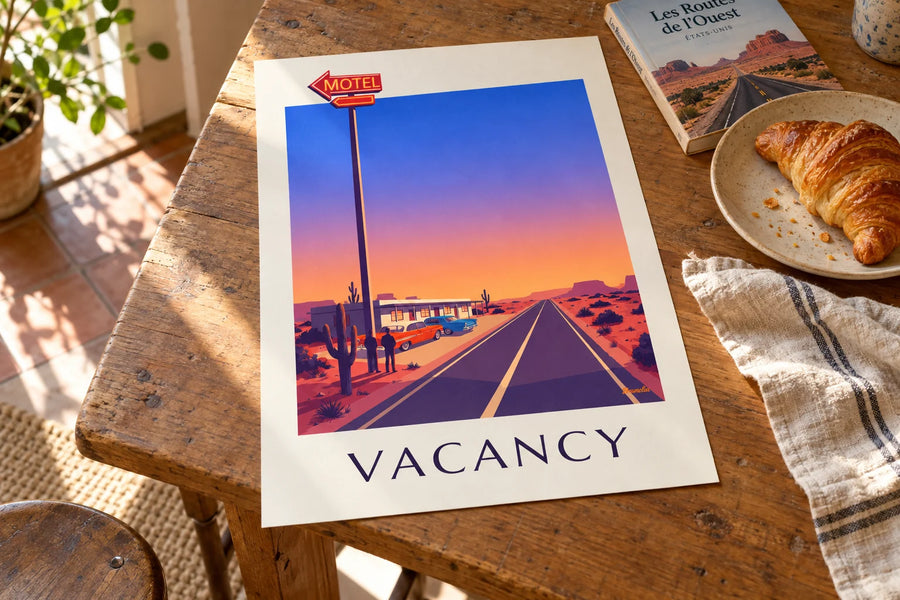 Póster letrero de neón de un motel al borde de una carretera del desierto: sobre una mesa