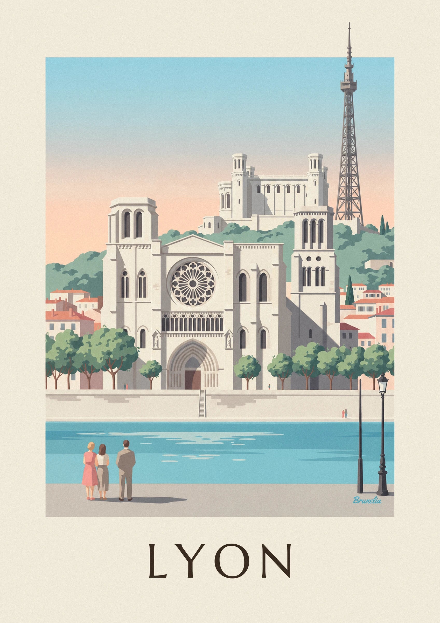 Póster catedral de San Juan y muelles del Saona en Lyon: detalle en primer plano