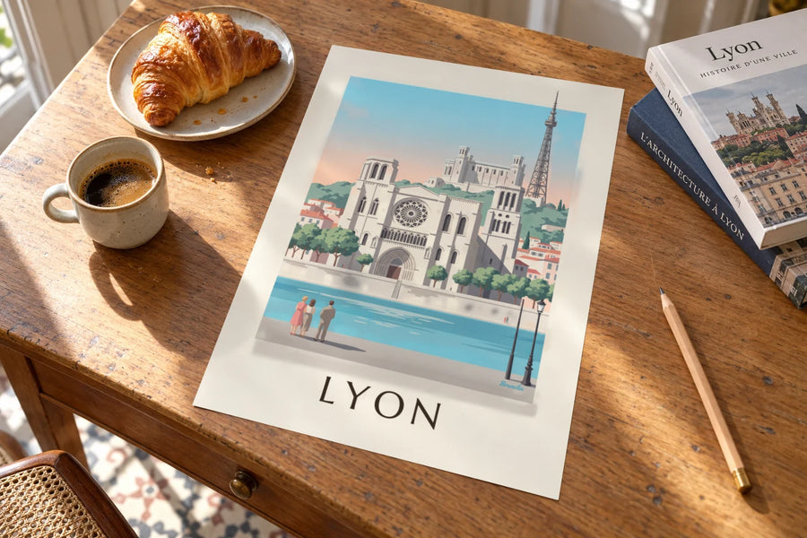 Póster catedral de San Juan y muelles del Saona en Lyon: sobre una mesa