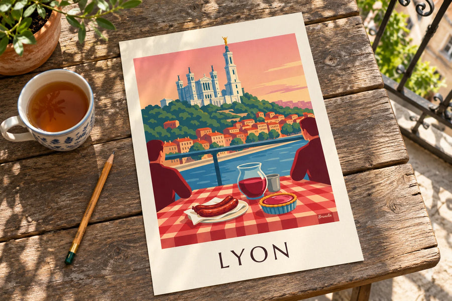 Póster bouchon lyonnais frente al Saona y Fourvière: sobre una mesa