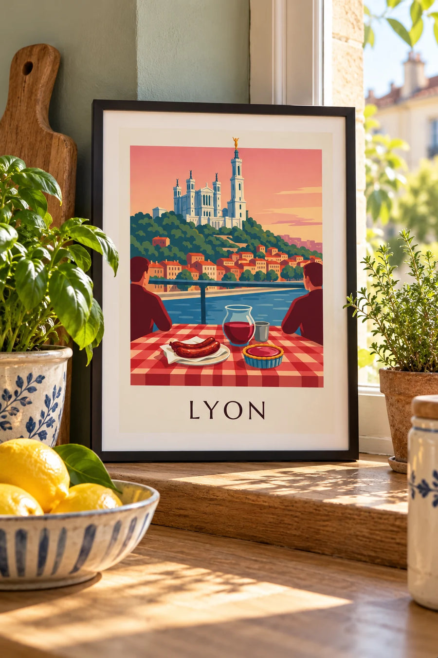 Póster de bouchon lionés frente al Saona y Fourvière: formato pequeño A4 enmarcado