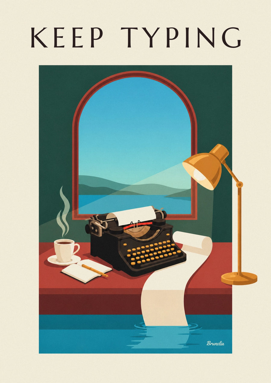 Black typewriter on a wooden desk poster