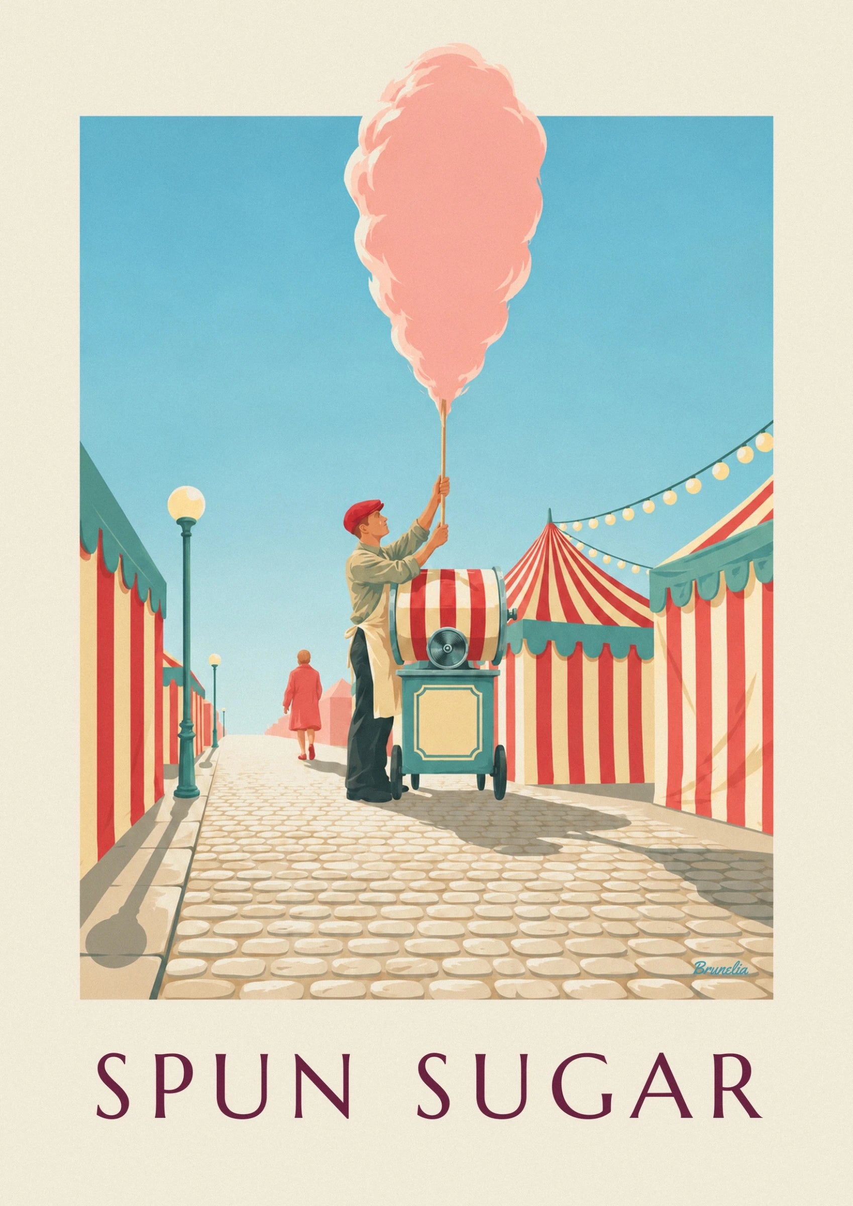 The vendor in a red cap behind his striped candyfloss machine