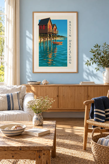 Póster de cabañas sobre pilotes (cabanes tchanquées) de la bahía de Arcachon al anochecer: enmarcado en la pared