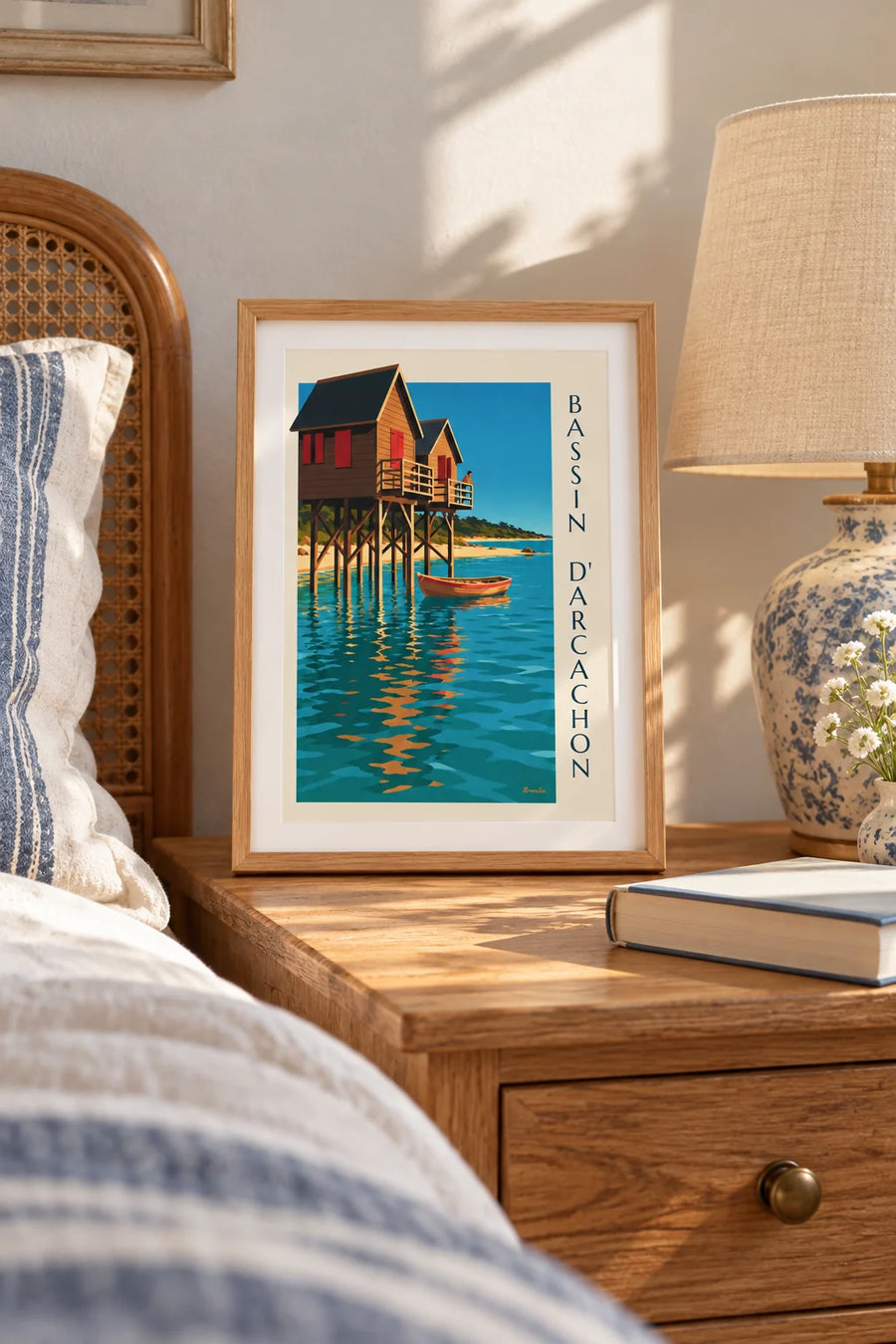 Affiche cabanes tchanquées du bassin d’Arcachon au crépuscule : petit format A4 encadré