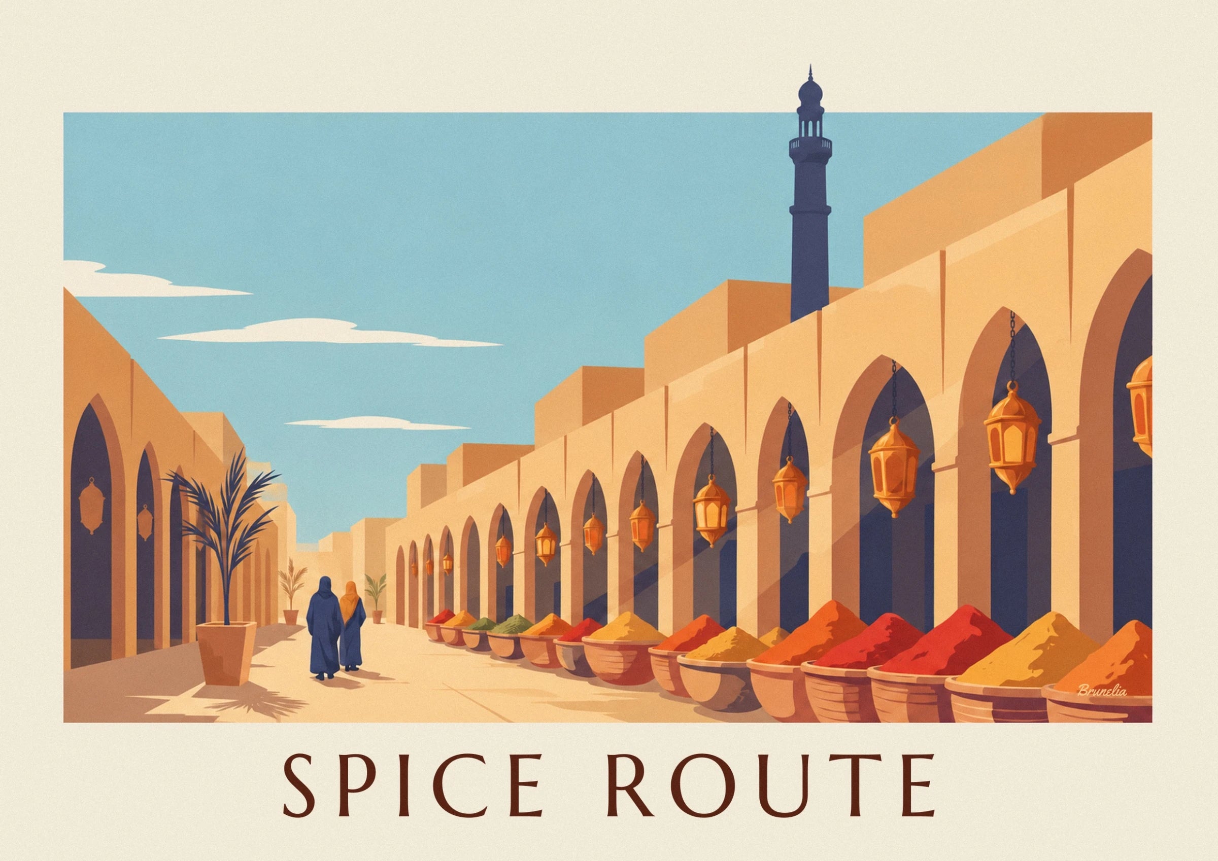 The golden lanterns beneath the arches, above the red and yellow spices