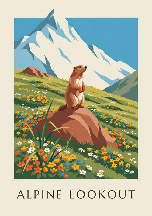 Affiche marmotte et paysage des Alpes en fleurs : l'affiche entière