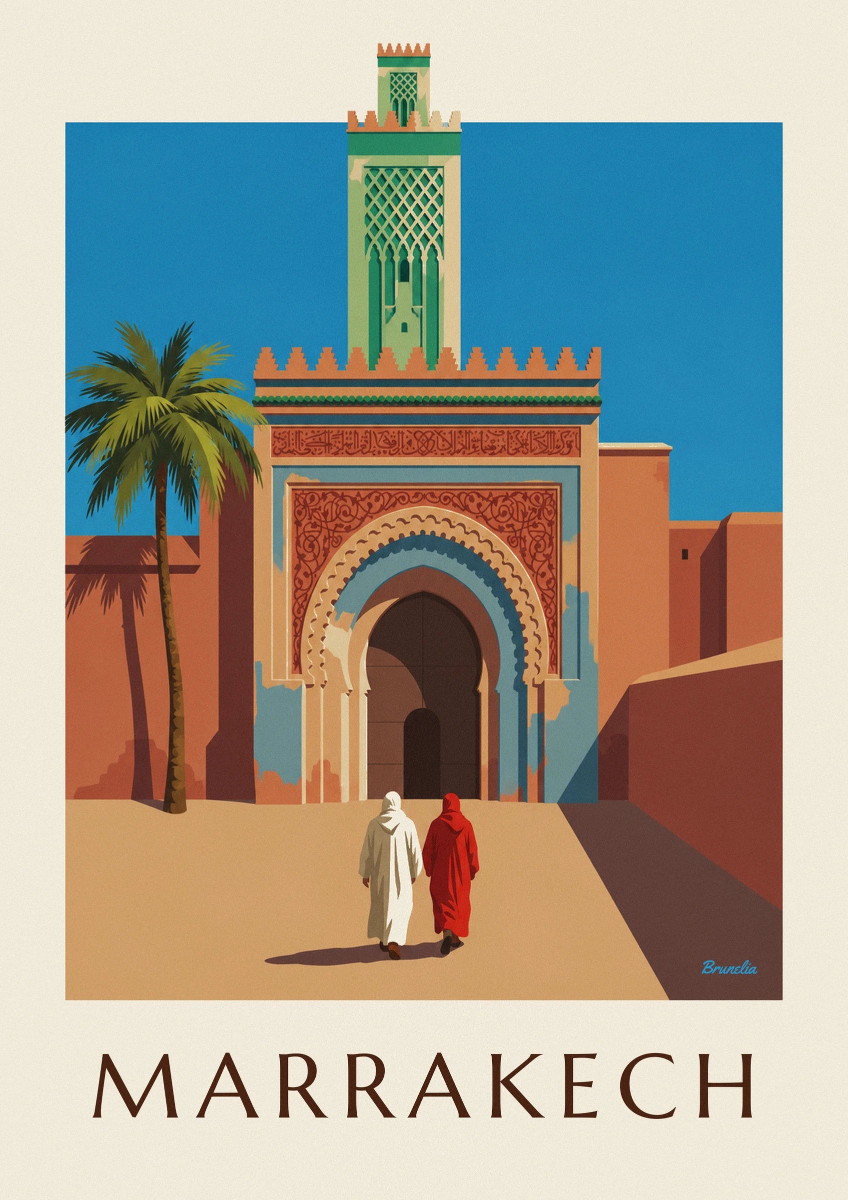 Póster de la puerta Bab Agnaou y minarete en Marrakech: detalle en primer plano