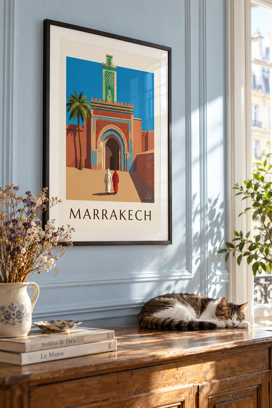 Lámina puerta Bab Agnaou y minarete en Marrakech: enmarcada en la pared