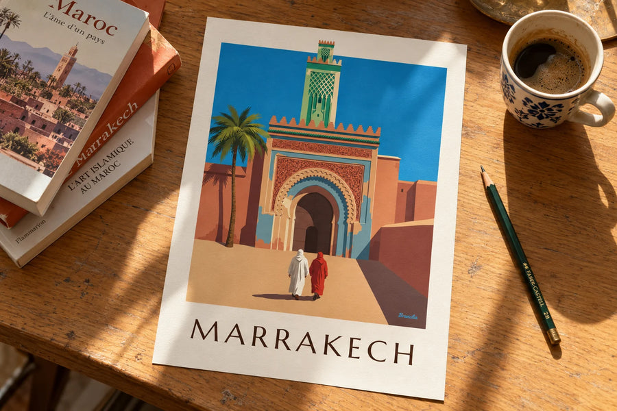 Póster puerta Bab Agnaou y minarete en Marrakech: apoyado en una mesa