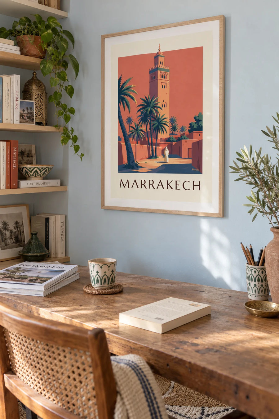 Poster of the Koutoubia minaret lit up at dusk in Marrakech: framed on the wall