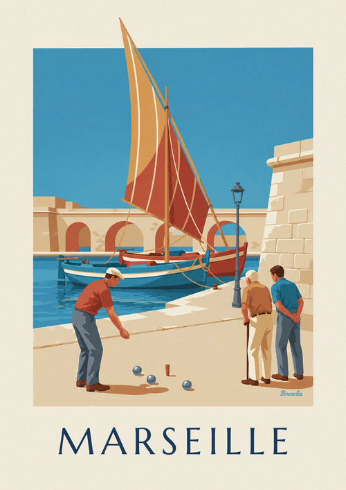 Game of pétanque at the Vallon des Auffes in Marseille poster: the full poster