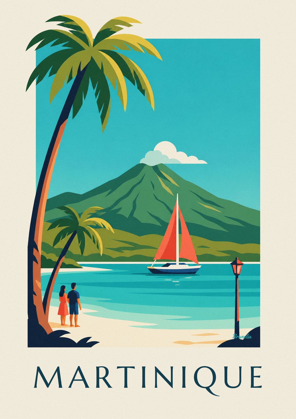 Affiche voilier dans une anse de Martinique et montagne Pelée