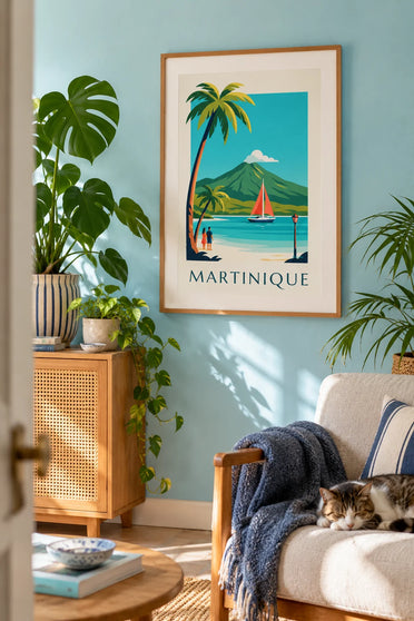 Póster velero en una cala de Martinica y monte Pelée: enmarcado en la pared