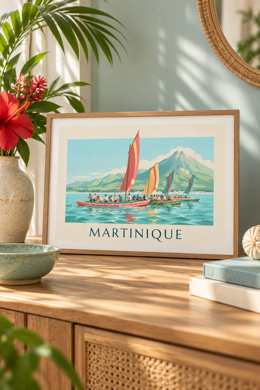 Affiche yoles rondes en course au large de la Martinique : petit format A4 encadré