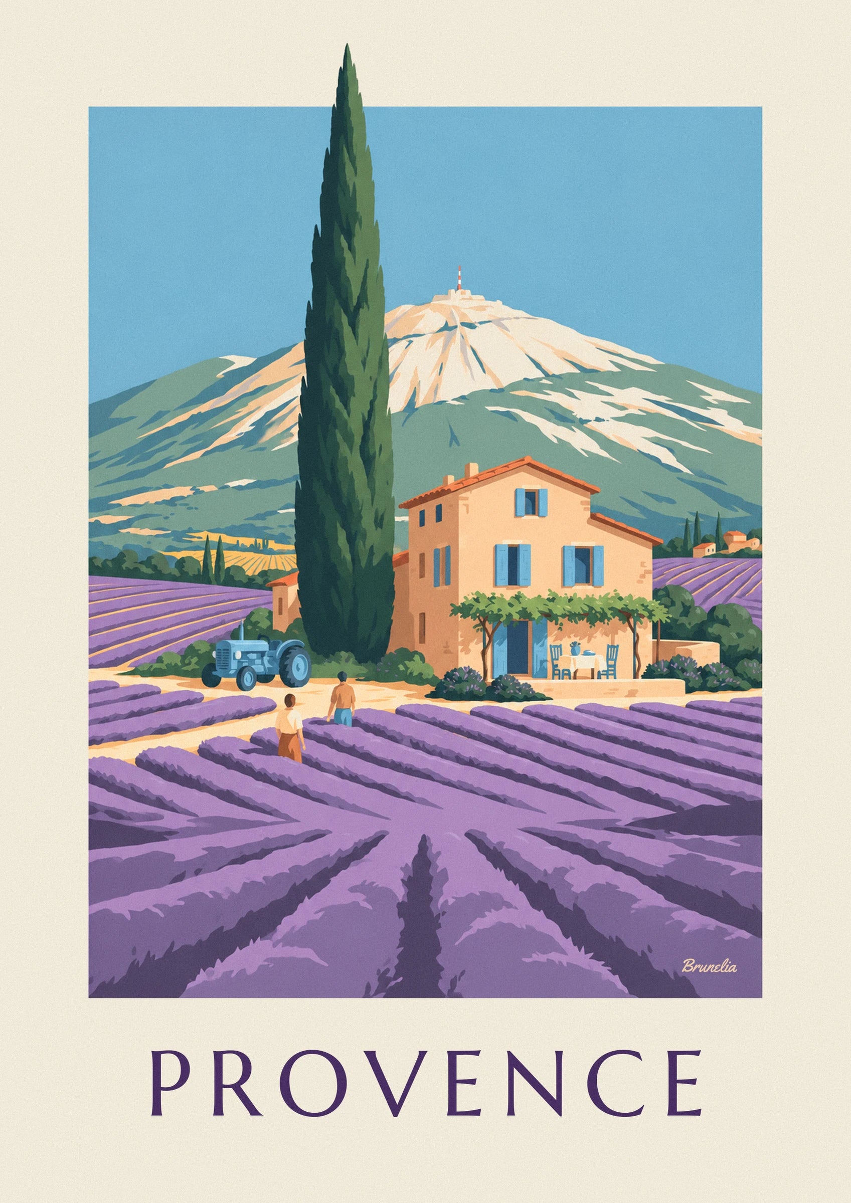 Póster de mas provenzal entre campos de lavanda: detalle en primer plano