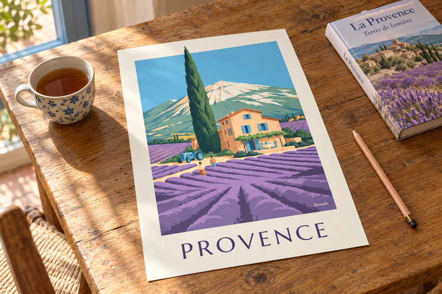 Póster de masía provenzal entre campos de lavanda: sobre una mesa