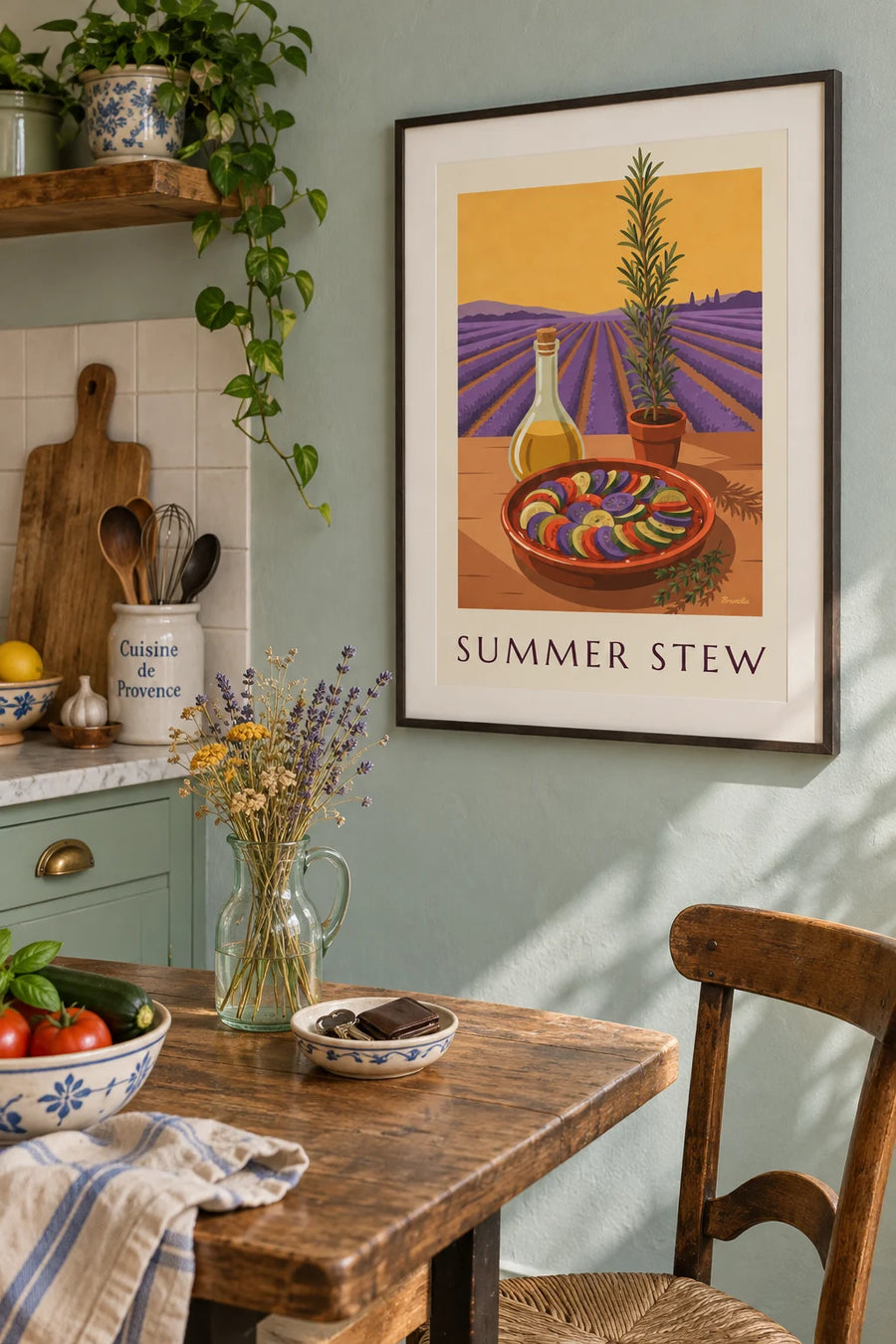 Poster of ratatouille in a Provençal terracotta dish: framed on the wall