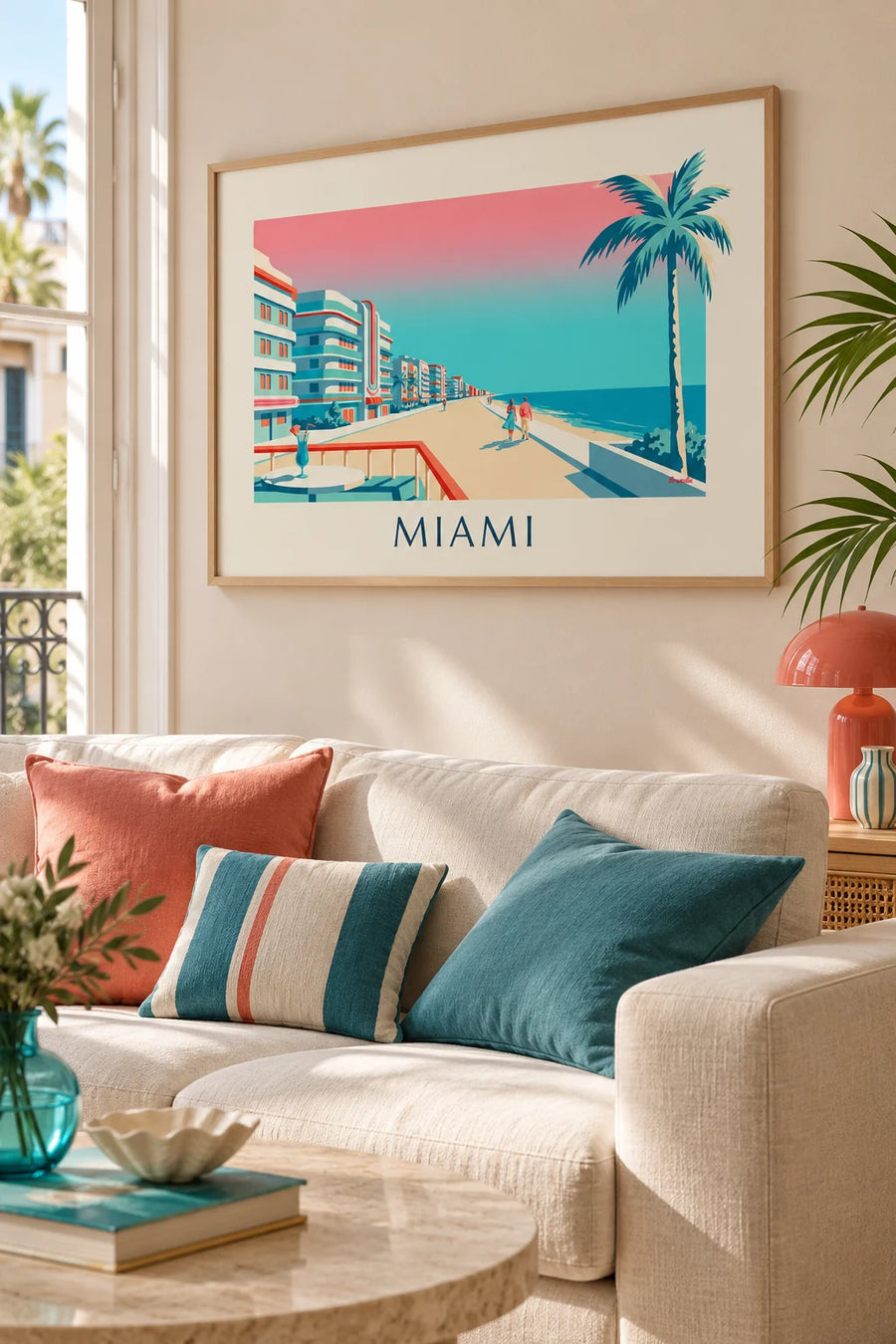 Póster de cóctel y palmeras en Ocean Drive, Miami: enmarcado en la pared