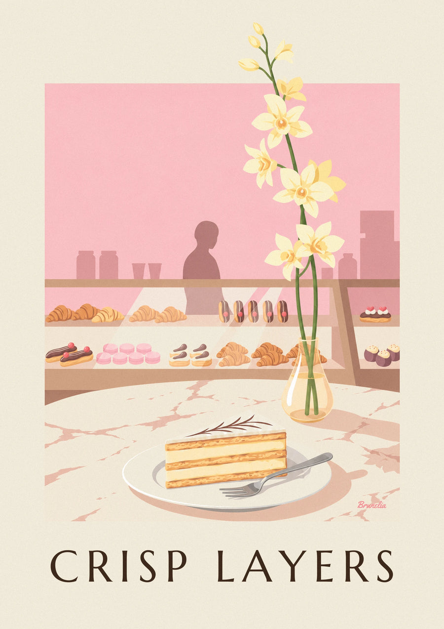Póster de porción de milhojas de vainilla en una pastelería