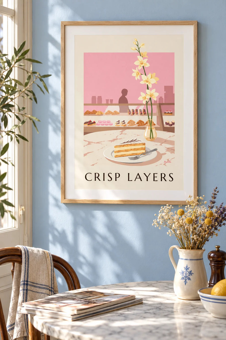 Póster de porción de milhojas de vainilla en una pastelería: enmarcado en la pared