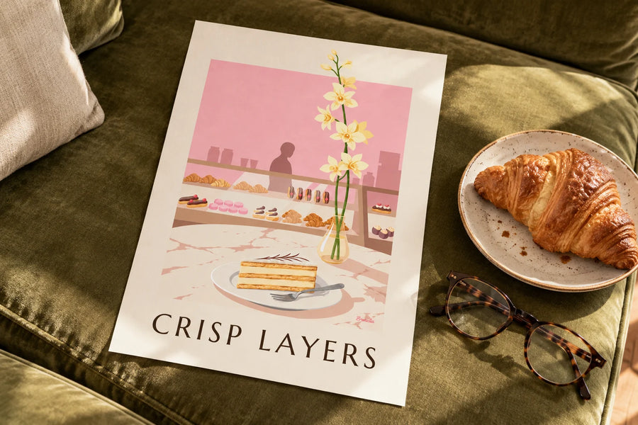 Lámina porción de milhojas de vainilla en una pastelería: apoyada sobre una mesa