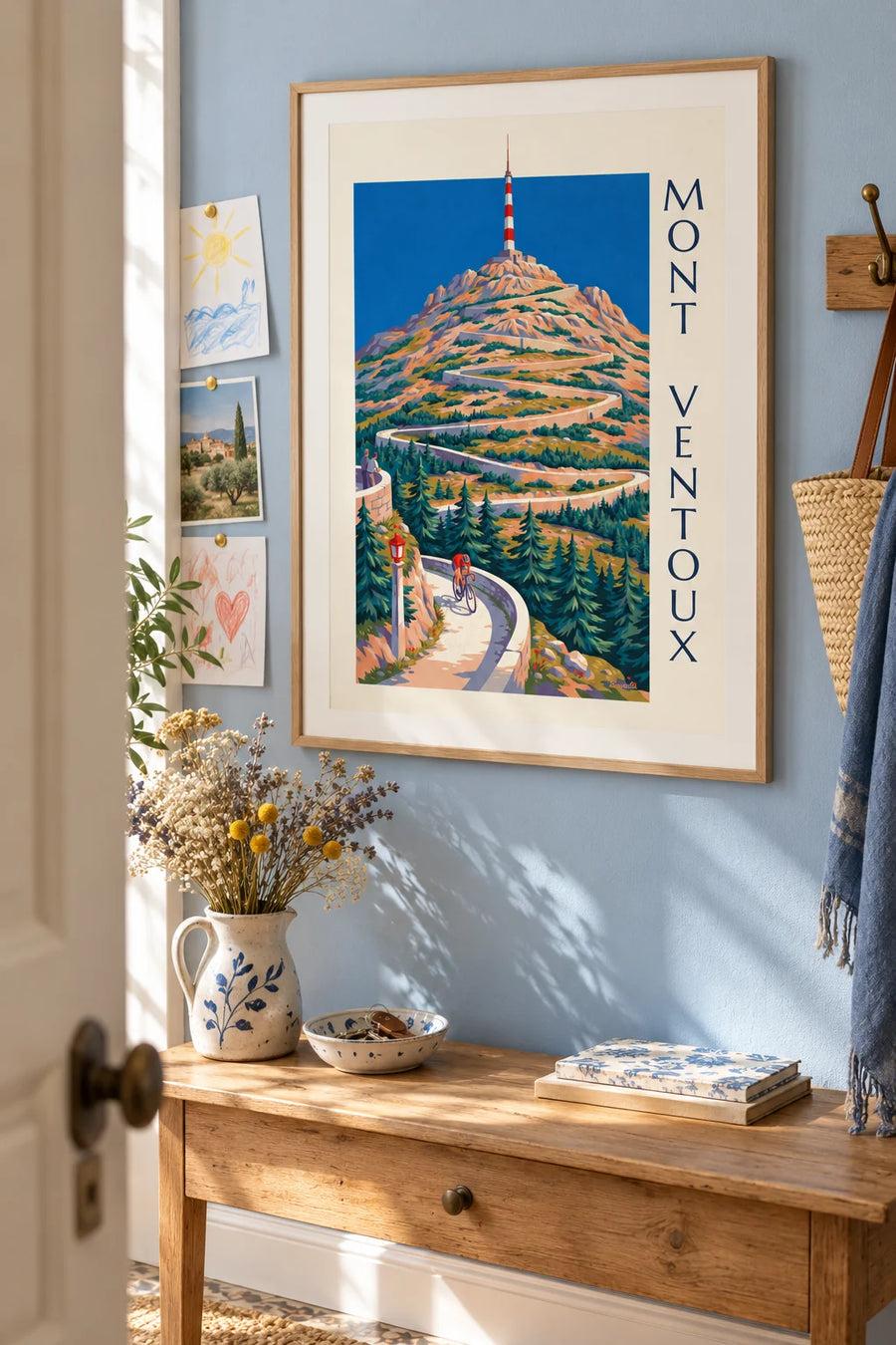 Poster of a cyclist on the hairpin bends of Mont Ventoux and its antenna: framed on the wall
