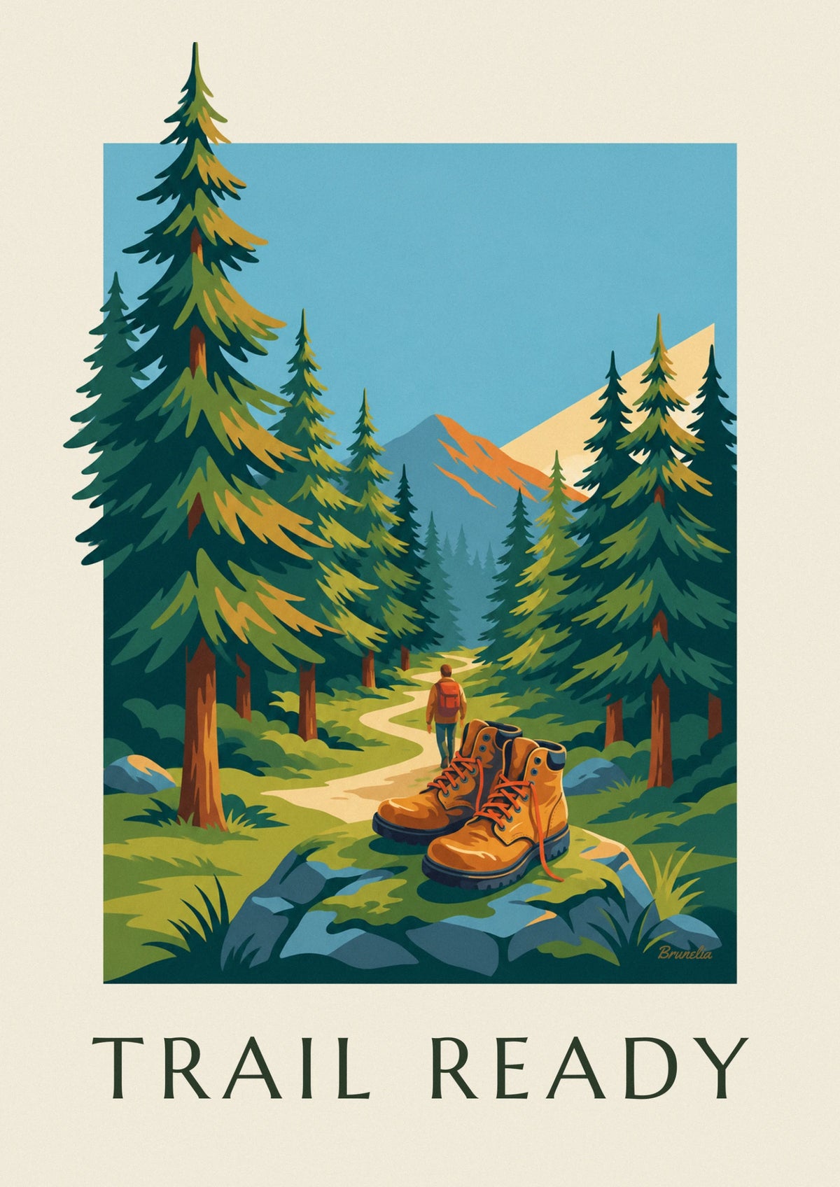 Affiche chaussures de randonnée sur un sentier de forêt en montagne