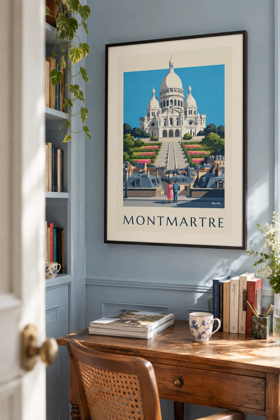 Poster of the Sacré-Cœur on the Montmartre hill and Paris rooftops: framed on the wall