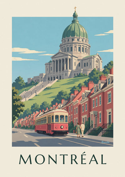 Affiche tramway rouge montant vers l'oratoire Saint-Joseph : l'affiche entière